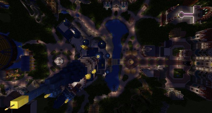 Disneylant at night in Minecraft